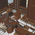 Modern Urban Commercial Street With Tall Buildings Pedestrian Plaza And Greenery