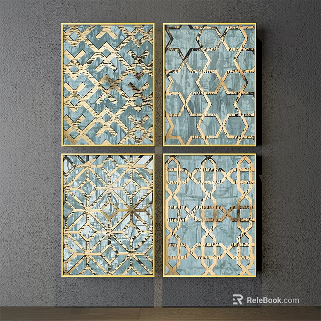 Blue And Gold Geometric Decorative Wall Art With Frames Hanging On Gray Wall 3d model 