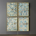 Blue And Gold Geometric Decorative Wall Art With Frames Hanging On Gray Wall