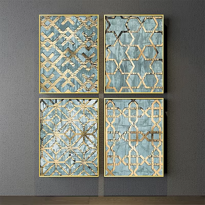 Blue And Gold Geometric Decorative Wall Art With Frames Hanging On Gray Wall 3d model