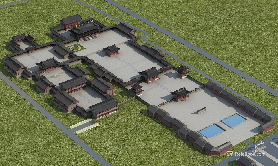 Ancient Chinese Architecture Complex With Courtyard Plaza Traditional Roofs And Grassland 3d model 
