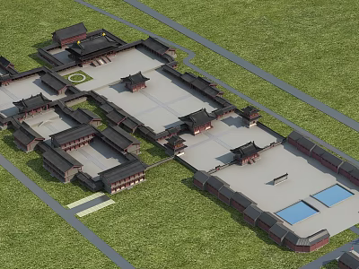 Ancient Chinese Architecture Complex With Courtyard Plaza Traditional Roofs And Grassland 3d model