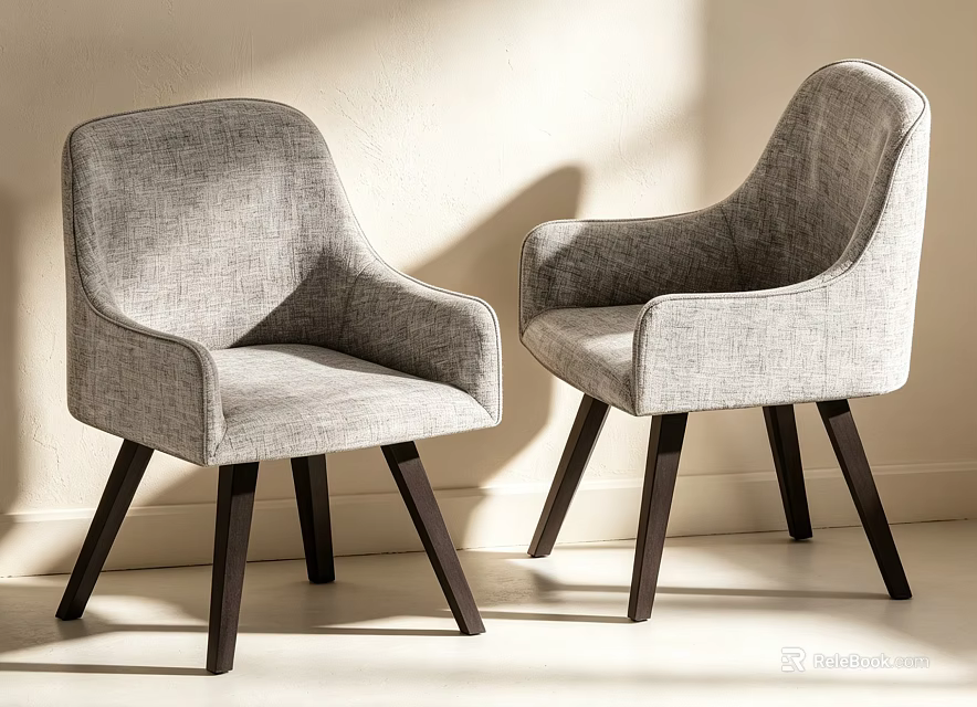 Two Modern Gray Fabric Armchairs With Dark Wooden Legs Interior Design 3d model 