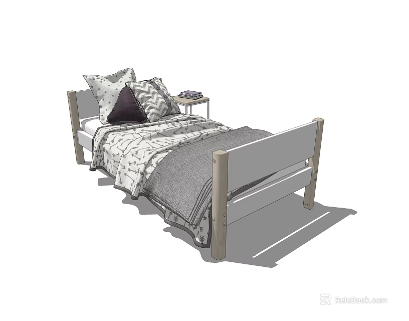 Simple Single Bed With Wooden Frame Patterned Blanket Multiple Pillows And Nightstand 3d model