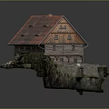 Rustic Wooden House With Red Roof Windows And Stone Base Covered In Green Moss
