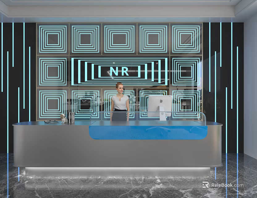 Modern Shop Front Desk Interior With Neon Square Wall NR Logo Silver Counter Blue Accent 3d model 