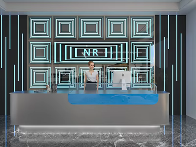 Modern Shop Front Desk Interior With Neon Square Wall NR Logo Silver Counter Blue Accent 3d model