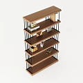 Modern Open Bookcase With Wooden Shelves And Metal Frame Decorated With Books And Decorative Items