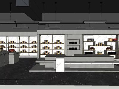 Modern Specialty Store Interior With Display Cabinets Shelves And Service Counter 3d model
