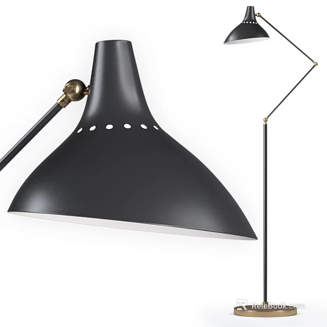 Modern Floor Lamp With Black Perforated Lampshade Metal Stand And Brass Accent Details 3d model 