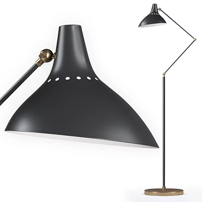 Modern Floor Lamp With Black Perforated Lampshade Metal Stand And Brass Accent Details 3d model
