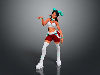 Child 3D Character Posing With Green Hair Accessories White Top Red Shorts And White Boots 3d model