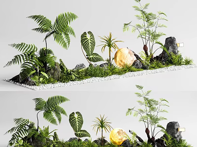 Indoor Plant Combination With Ferns Monstera Leaves Palm Plants Rocks Pebbles And Glowing Sphere 3d model