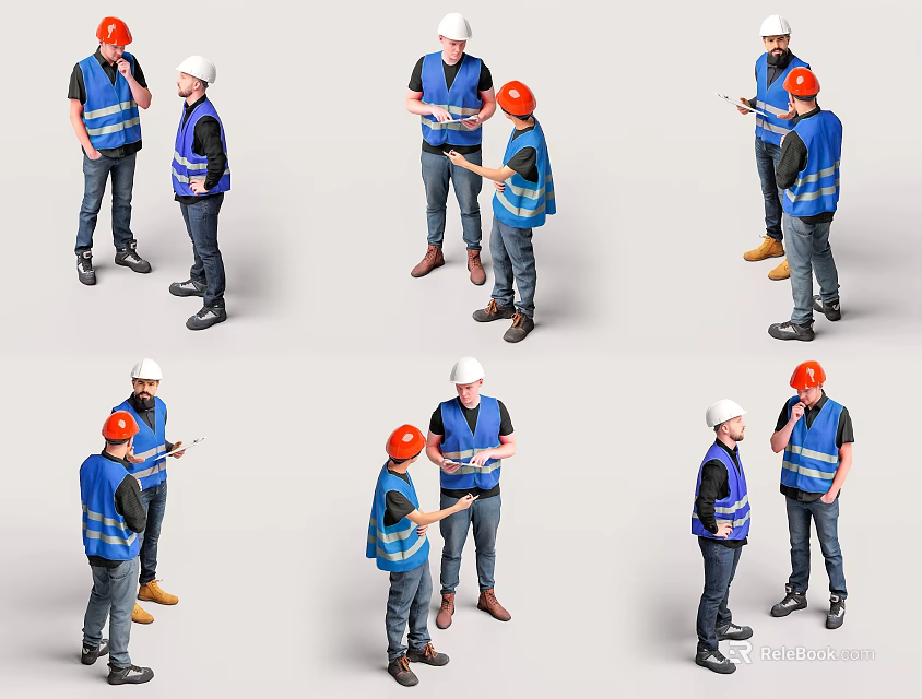Group of Construction Workers in Safety Vests and Hard Hats Communicating 3d model 