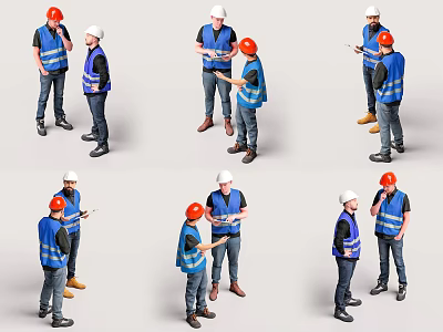 Group of Construction Workers in Safety Vests and Hard Hats Communicating 3d model