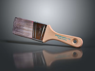 Paint Brush With Wooden Handle And Used Bristles Showing Reflection On Dark Surface 3d model