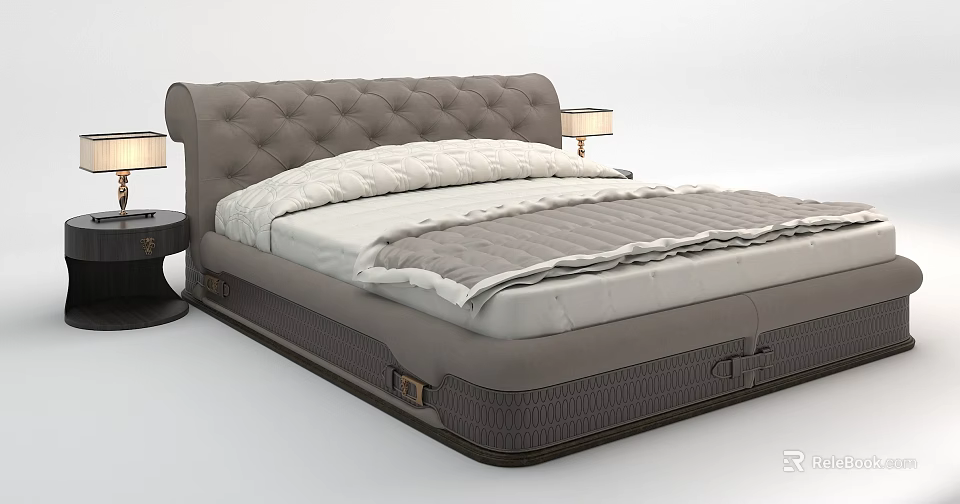 Gray Tufted Double Bed with White Sheets Gray Quilt and Nightstand Table Lamps 3d model 