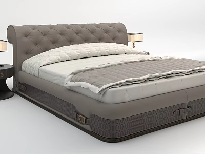 Gray Tufted Double Bed with White Sheets Gray Quilt and Nightstand Table Lamps 3d model