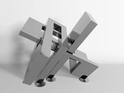Modern Geometric Metal Sculpture Featuring Interlocking Cubes Smooth Surface And Supporting Feet Contemporary Art Piece 3d model