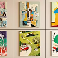 Various Style Oil Paintings On Wall With Abstract Landscapes And Colorful Themes