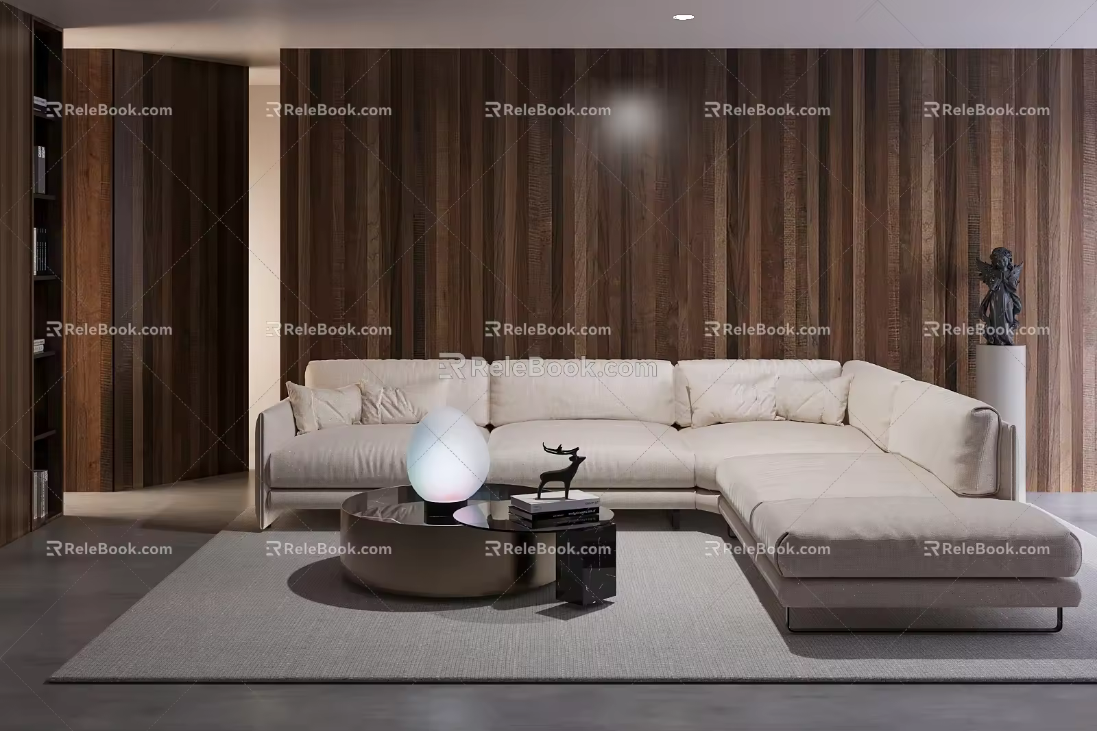 Sofa Coffee Table Combination Living Room Space L-shaped Multi-person Sofa Decorative Lamp Sculpture Bookcase 3d model