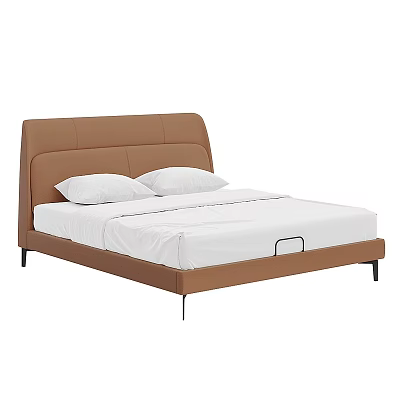Modern Double Bed with Brown Leather Headboard White Pillows White Mattress and Black Legs 3d model