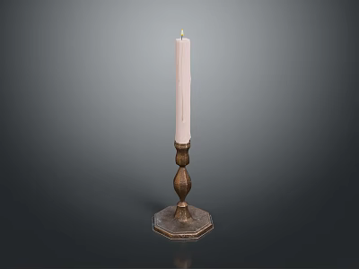 White Candle On Decorative Brass Candlestick With Ornate Pedestal Base 3d model