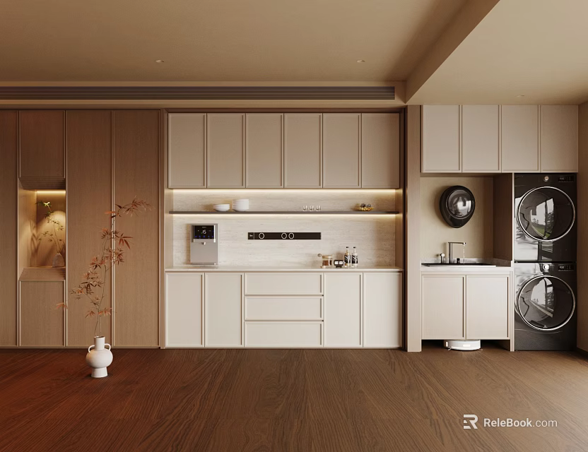 Modern Kitchen Interior Design With Wooden Sideboard Cabinet Washing Machine Sink And Vase 3d model 