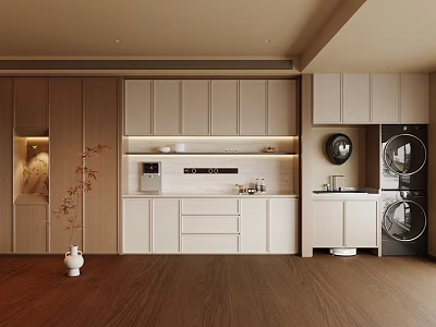 Modern Kitchen Interior Design With Wooden Sideboard Cabinet Washing Machine Sink And Vase 3d model