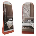 Brown Frame Floor Mirror Reflecting Bedroom Bed with Pillows Quilt and Wood Stone Patterned Wall