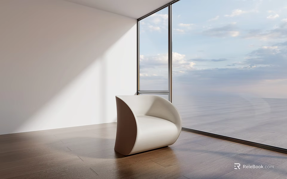 Modern White Single Seater Sofa With Curved Design By Large Windows And Sea View 3d model 