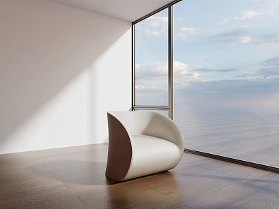 Modern White Single Seater Sofa With Curved Design By Large Windows And Sea View 3d model