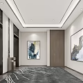 Modern Elevator Lobby Interior With Recessed Lighting Gray Carpet And Wall Art Decor 3d model