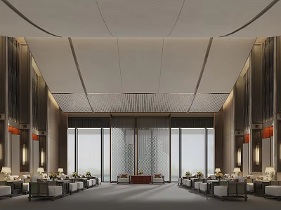 Spacious Modern Conference Room Interior With Large Windows Natural Light And Elegant Seating Arrangement 3d model