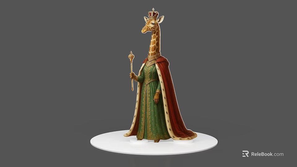 Giraffe Figurine Wearing Crown And Green Robe With Red Cape And Scepter On White Base 3d model 