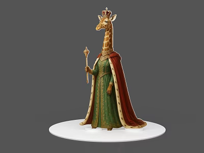Giraffe Figurine Wearing Crown And Green Robe With Red Cape And Scepter On White Base 3d model