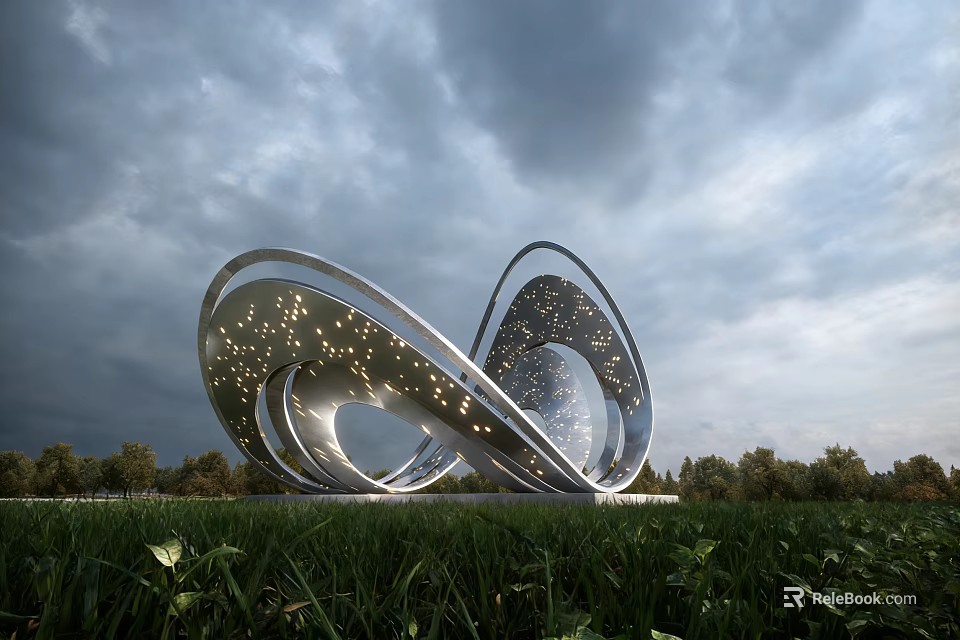 Modern Metallic Spiral Landscape Sculpture With Hollow Design And Light Spots On Grassland 3d model 