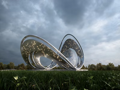 Modern Metallic Spiral Landscape Sculpture With Hollow Design And Light Spots On Grassland 3d model