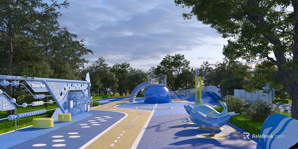 Outdoor Children's Play Area With Blue Slides Whale Shaped Structures And Colorful Ground 3d model 
