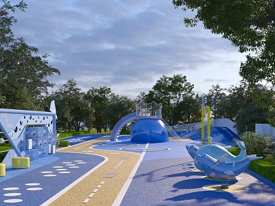 Outdoor Children's Play Area With Blue Slides Whale Shaped Structures And Colorful Ground 3d model