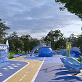 Outdoor Children's Play Area With Blue Slides Whale Shaped Structures And Colorful Ground
