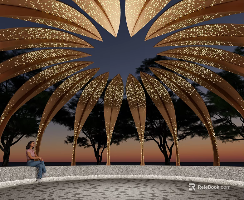Pergola Featuring Golden Leaf Shaped Structure Illuminated Under Evening Sky With Trees And Circular Platform 3d model 