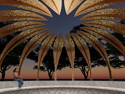 Pergola Featuring Golden Leaf Shaped Structure Illuminated Under Evening Sky With Trees And Circular Platform 3d model