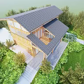 Two Story Wooden House With Black Roof Large Glass Windows White Railings And Lawn