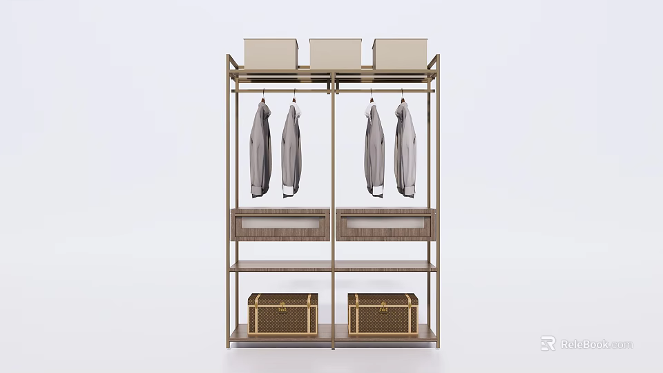 Modern Storage Cabinet Rack With Light Boxes Gray Coats Drawers And Brown Trunks 3d model 
