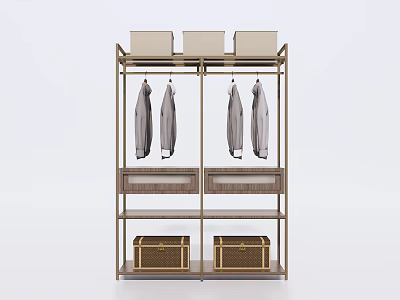 Modern Storage Cabinet Rack With Light Boxes Gray Coats Drawers And Brown Trunks 3d model