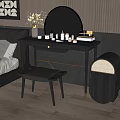 Elegant Modern Dressing Table Interior With Round Mirror Black Stool Cosmetic Bottles And Flower Vase