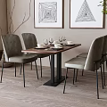 Modern Dining Table And Gray Chairs Set With Geometric Wall Art And Potted Plant