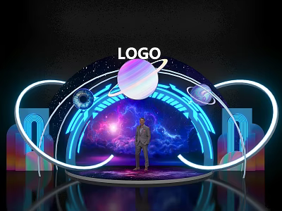 Futuristic Stage Design With Person Standing LOGO Neon Rings Planets And Space Backdrop 3d model