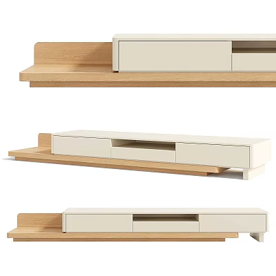 Modern TV Stand With Light Wood And Cream White Finish Featuring Drawers And Open Shelves 3d model